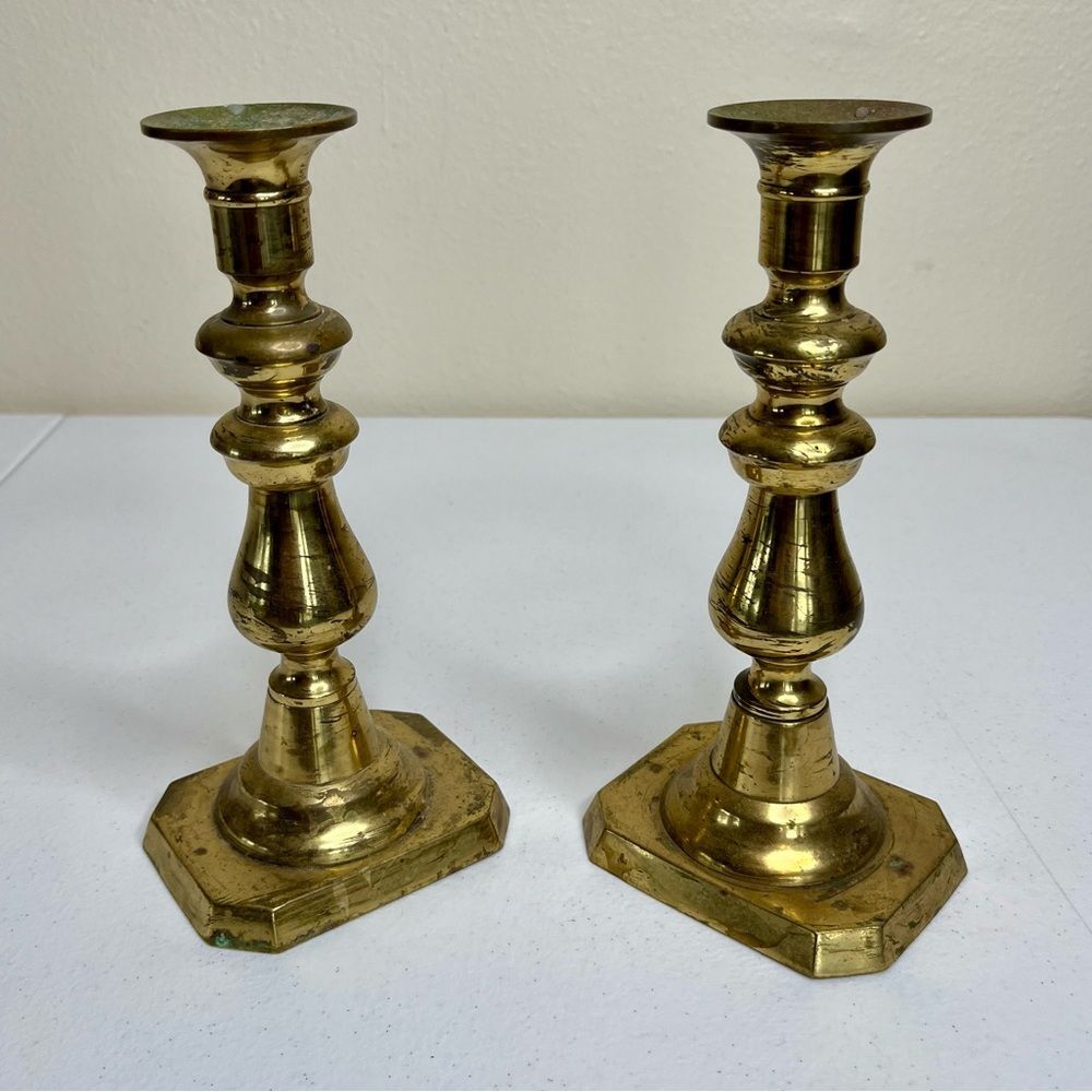 Vintage Pair Brass Candlestick Holders Heavy Patina Set 2 Approx 8.5 Inch Tall